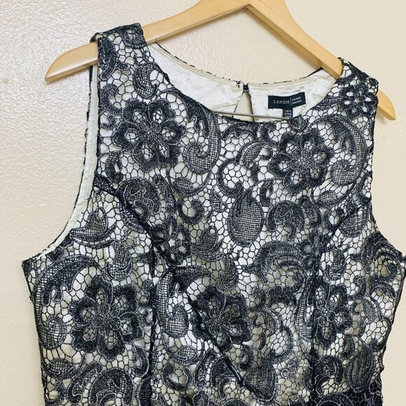 London Times Lace Open Back Tulle Mesh Cocktail Dress Size 14 Black Silver - Picture 4 of 11